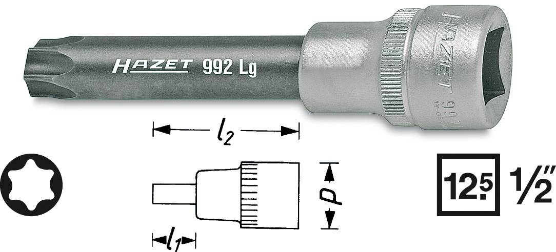 Clé à douille Torx HAZET 992 Lg, indiquant les longueurs de taille l2 et P. Comprend le logo HAZET et les symboles pour une prise de 12,5 mm (1/2