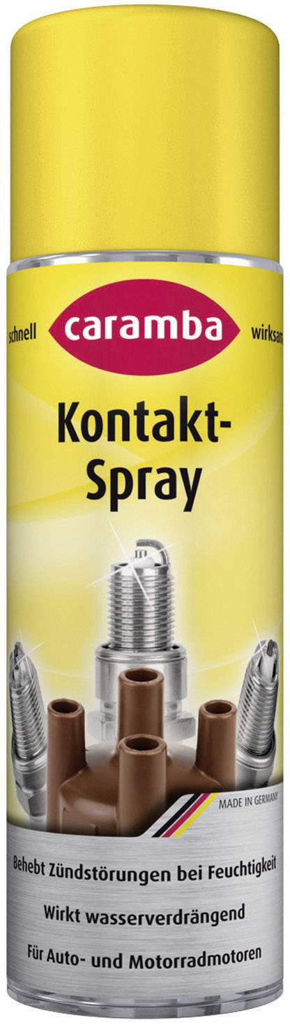 Un aérosol jaune portant l'inscription 'caramba Spray Contact'. Résout les problèmes d'allumage en cas d'humidité, agit comme un produit hydrofuge.
