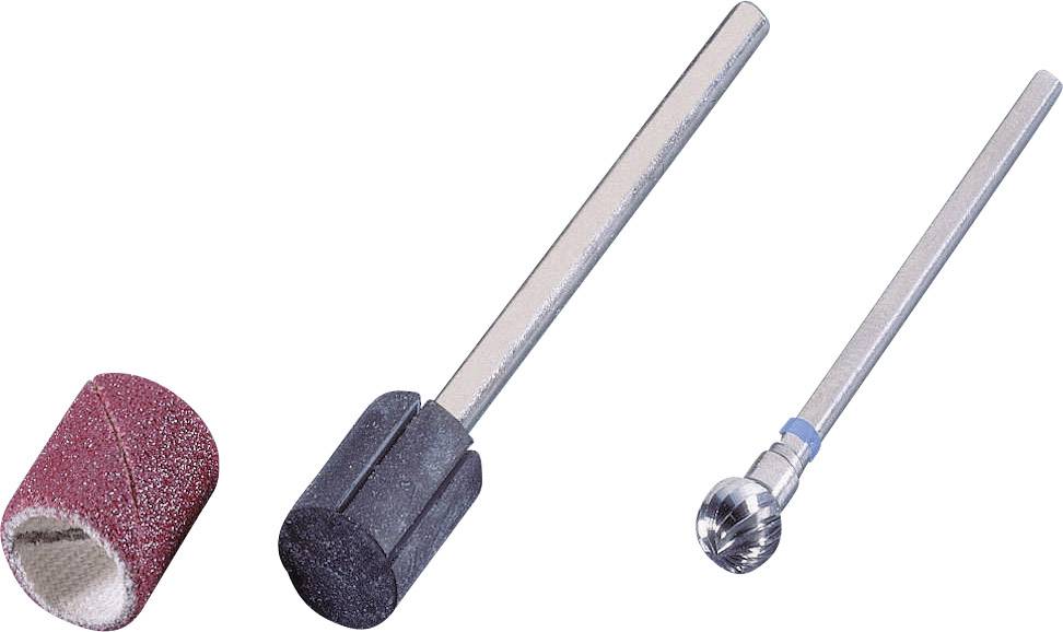 Un embout de meulage irisé rouge-brun, un embout de meulage noir et une fraise métallique à pointe ronde sont présentés comme outils.