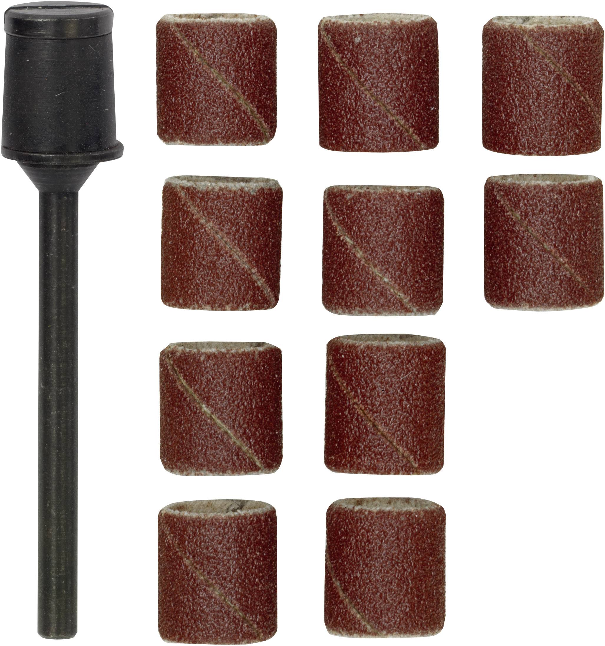 Accessoires de ponçage : à gauche, un mandrin de ponçage, à droite huit bandes abrasives disposées en deux rangées. Adapté aux travaux de détail et à la finition fine.