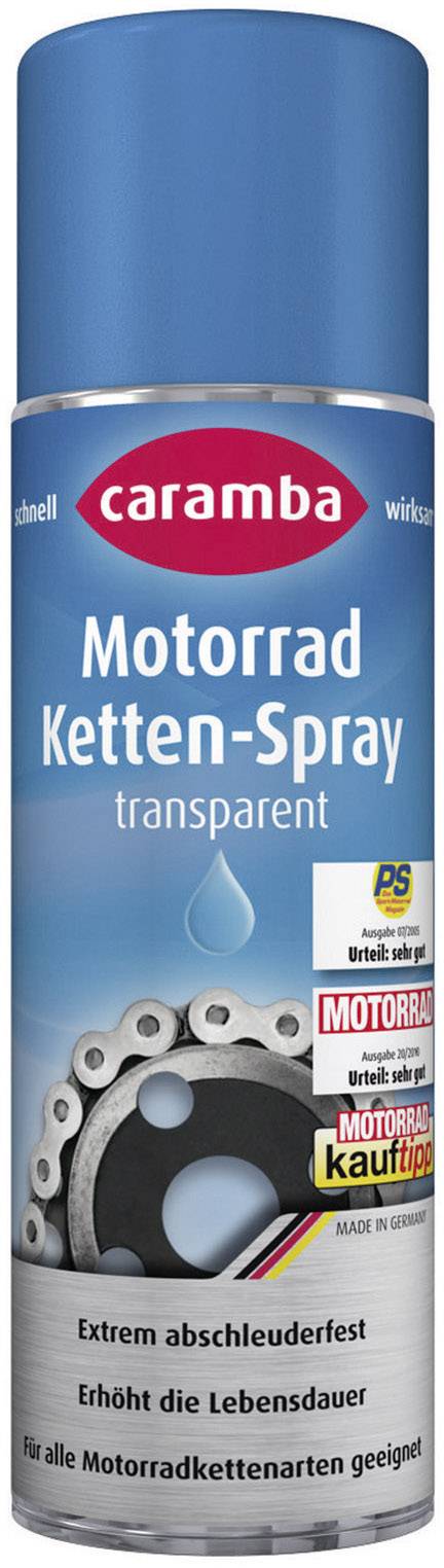 Bombe aérosol portant l'inscription 'Caramba Spray de chaîne pour moto transparent'. Adapté à tous types de chaînes de moto. Augmente la durée de vie.