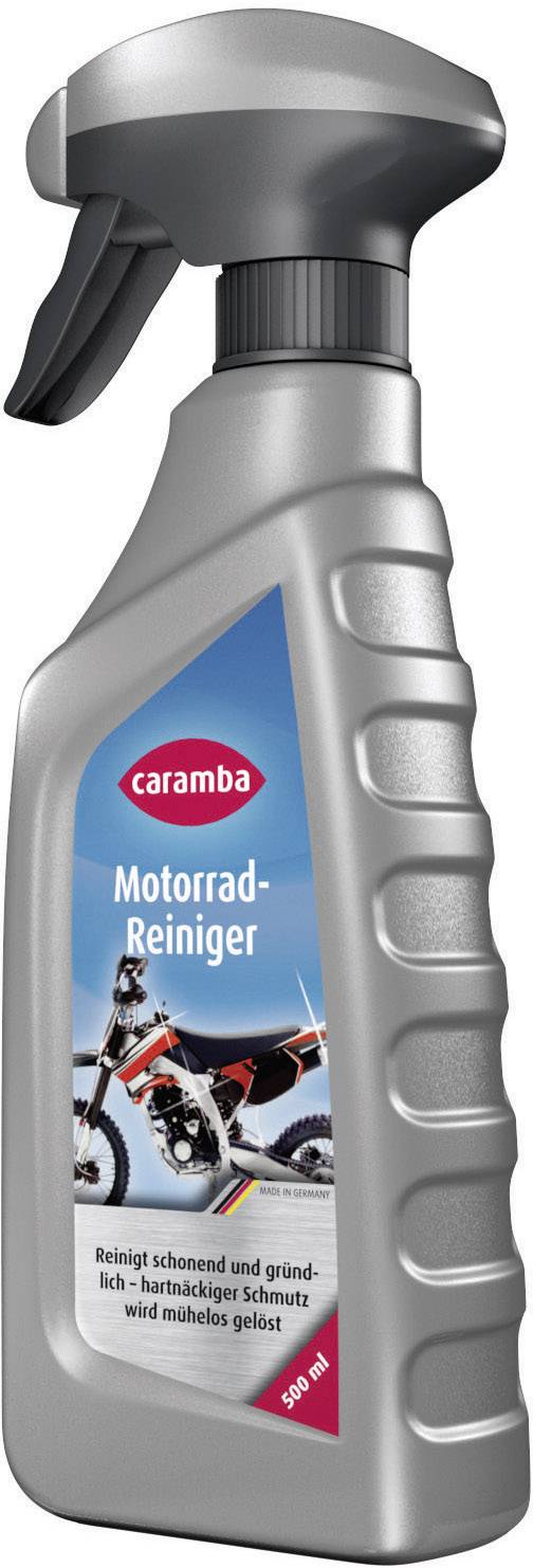 Bouteille de Caramba Nettoyant Moto avec pulvérisateur. L'étiquette montre une moto et promet un nettoyage approfondi et en douceur. 500 ml.