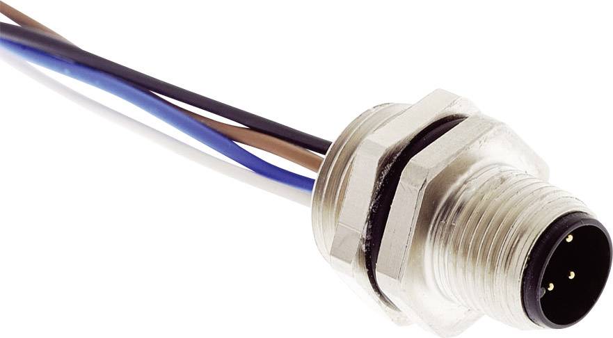 Connecteur rond métallique à quatre broches, entouré de câbles noirs et bleus. Fréquemment utilisé dans les applications électroniques.