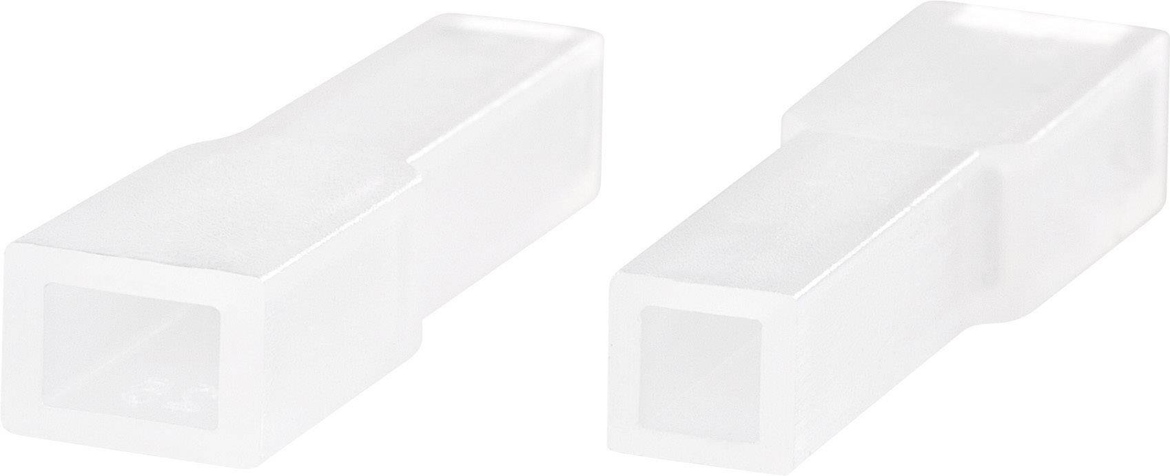 Deux connecteurs en plastique transparent placés côte à côte, conçus dans une forme rectangulaire. Ils semblent identiques et symétriques.
