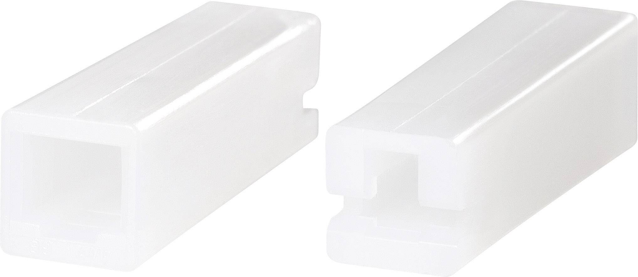 Deux connecteurs en plastique blanc de forme rectangulaire, pouvant être utilisés pour des connexions électriques.