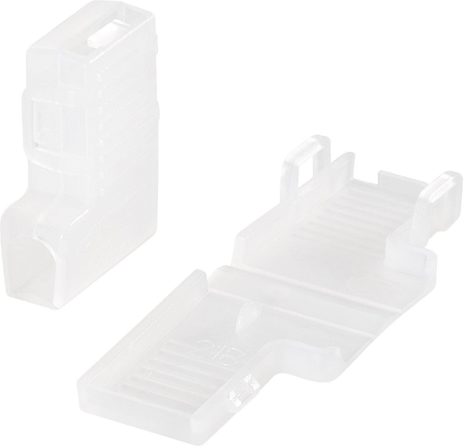 Deux pinces de câble en plastique transparent, ouvertes et fermées, utilisées pour connecter des câbles plats.