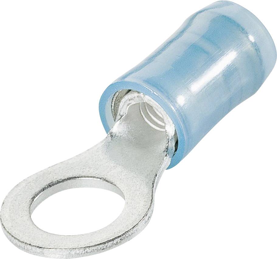 Un cosse de câble isolée bleue avec un anneau métallique, utilisée pour connecter de manière sécurisée les fils dans les systèmes électriques.