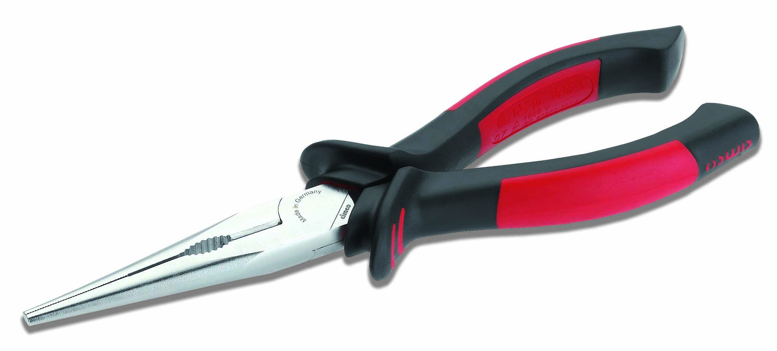 Une pince à bec pointu avec une poignée rouge et noire, adaptée pour une préhension et une coupe précises dans des applications artisanales.