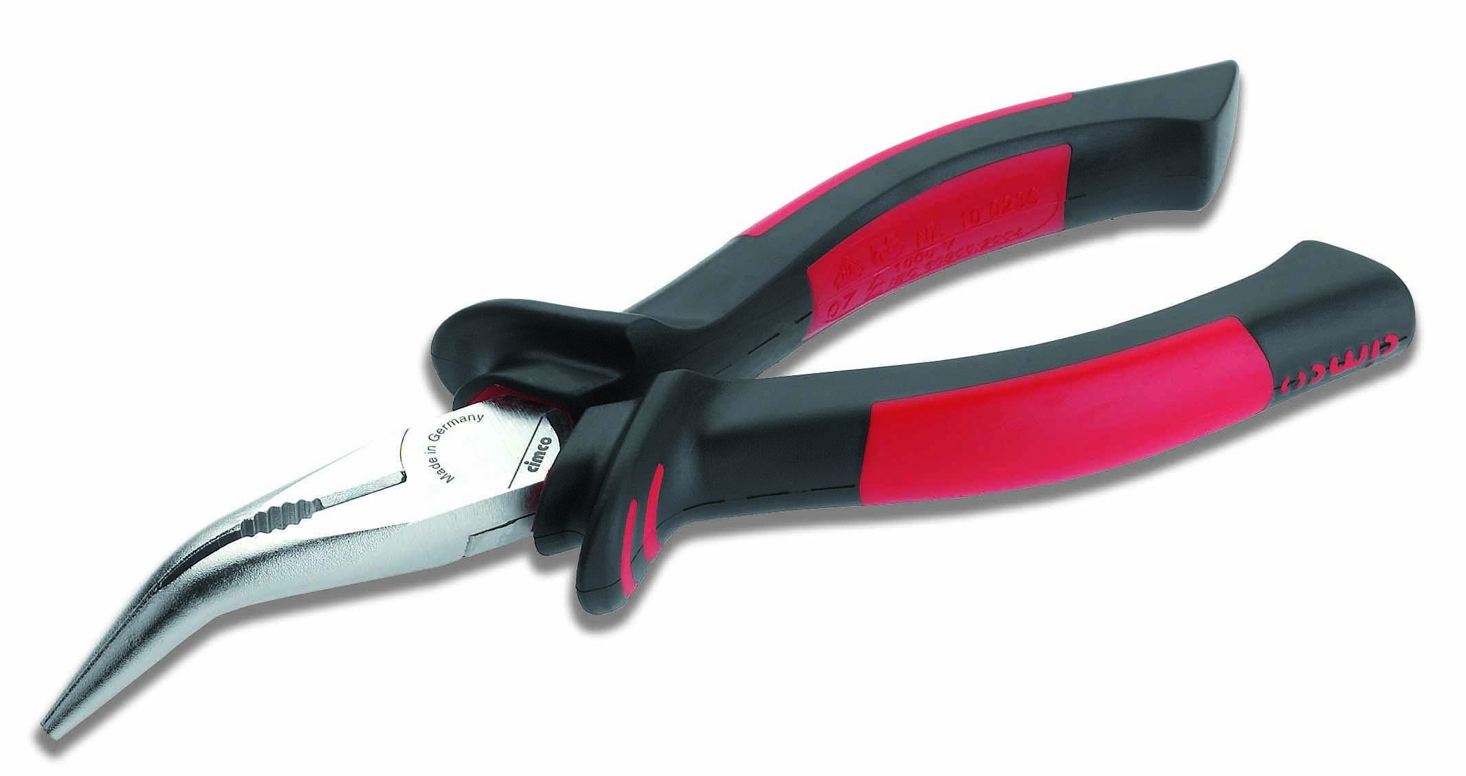 Pince à bec effilé avec poignée rouge et noire, adaptée aux travaux précis dans des zones difficiles d'accès.