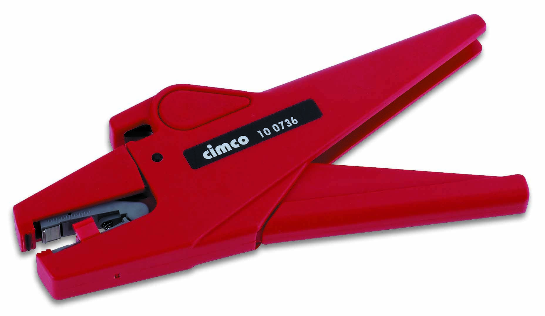 Coupe-câble rouge de la marque Cimco, numéro de modèle 10 0736, pour dénuder les câbles.