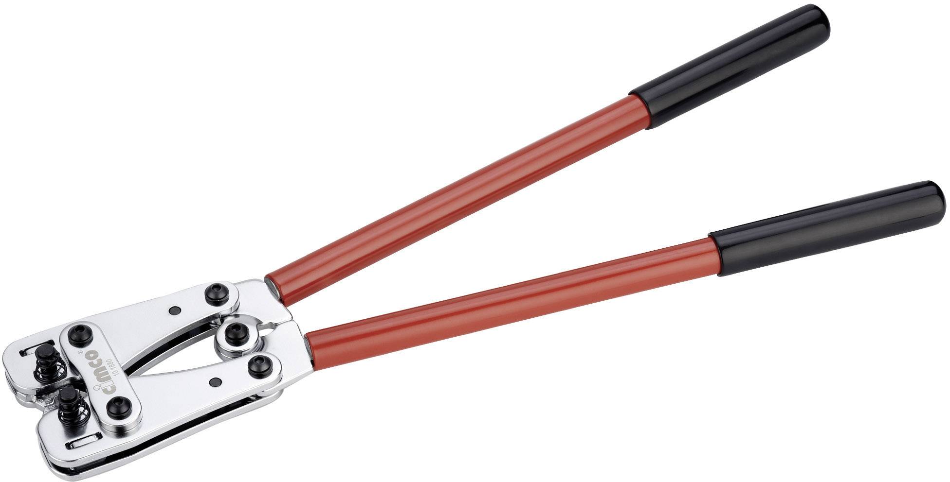 Une pince métallique avec deux longues poignées rouges, adaptée au sertissage ou à d'autres travaux manuels.