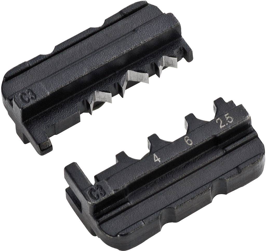 Deux mâchoires de coupe noires à dentelure, numérotées, destinées à être utilisées dans des outils de traitement de câbles.
