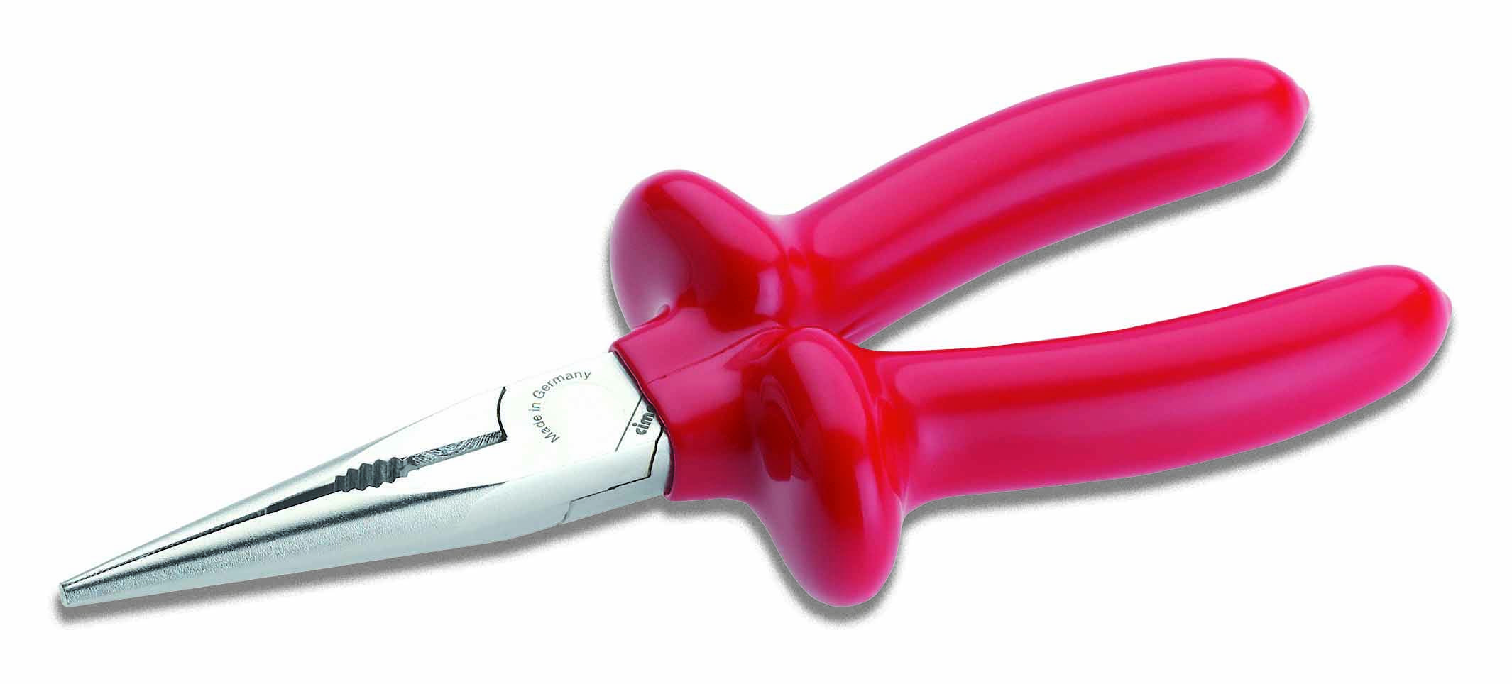 Pince coupante rouge à tête métallique et poignées ergonomiques, utilisée pour maintenir ou couper des fils lors de travaux manuels.