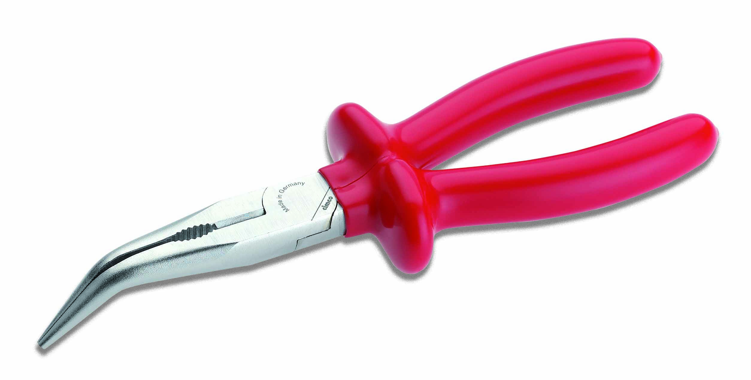 Pince à bec rouge avec pointes recourbées et manche isolé, adaptée pour saisir de petits objets dans des zones difficiles d'accès.