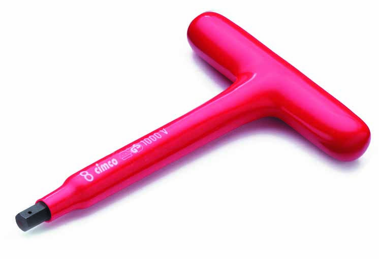 Clé Allen T rouge avec poignée isolée, adaptée pour des travaux jusqu'à 1000 volts. Principalement utilisée pour les travaux électriques.