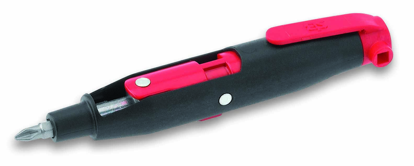 Tournevis multibit noir et rouge avec embouts interchangeables et clip de poche, adapté à différentes tailles de vis.