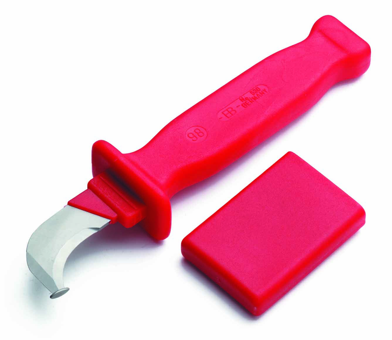 Couteau à joints en céramique rouge avec lame courbe et capuchon de protection, destiné à enlever le mortier entre les carreaux.