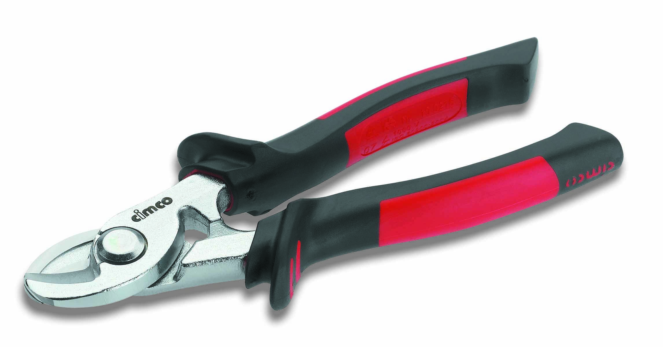 Une paire de ciseaux en métal rouge et noir avec une poignée ergonomique, adaptée pour la coupe de fil ou le travail du métal.