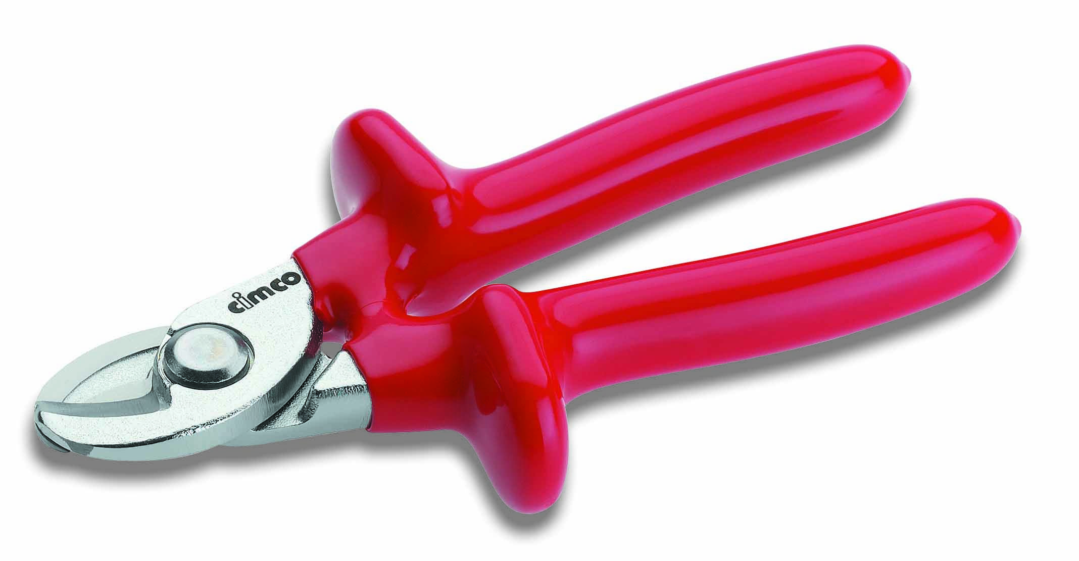 Ciseaux rouges pour câbles avec lame argentée et poignée ergonomique, adaptés à la coupe de fils ou de câbles lors de travaux électrotechniques.
