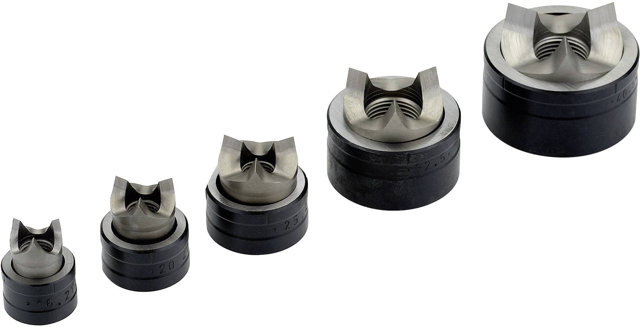 Cinq outils de précision métalliques de différentes tailles, disposés en ligne de petit à gauche à grand à droite, utilisés pour la fabrication de formes.