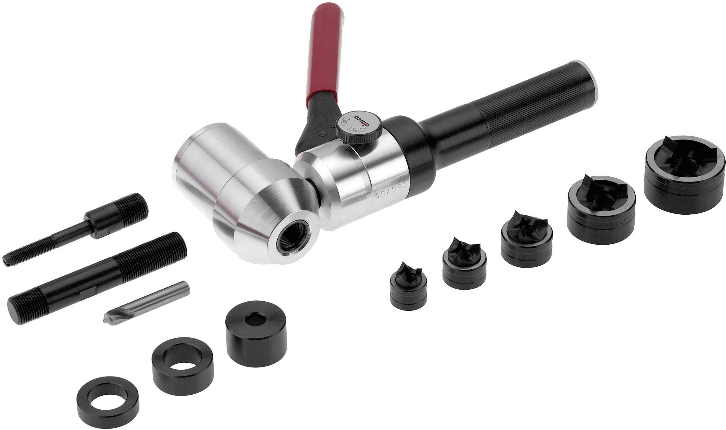 Un ensemble d'outils de filetage composé d'un grand outil métallique et de plusieurs accessoires et insertions de coupe plus petits.