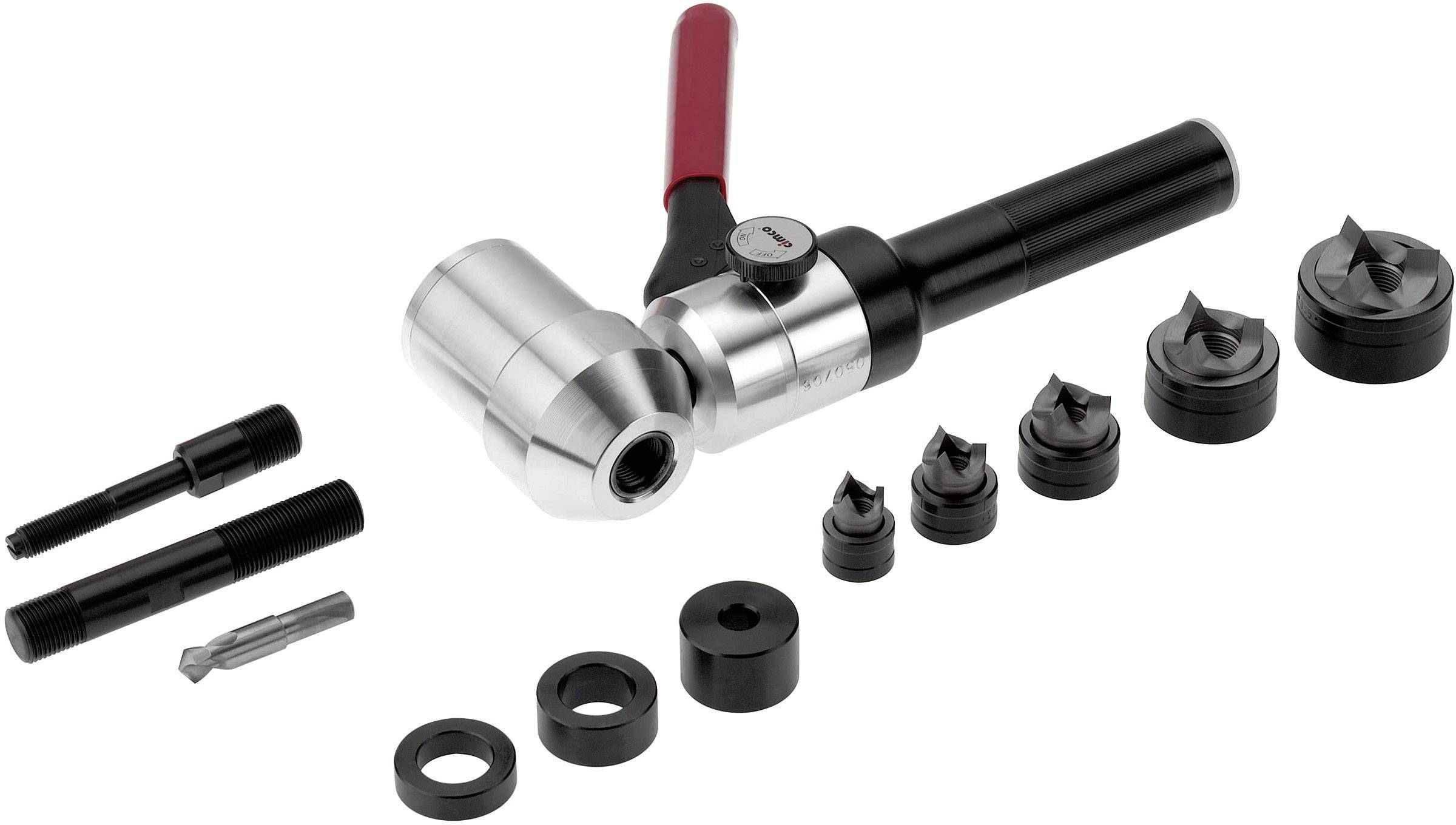 Ensemble d'outils pour le travail de la tôle, comprenant des leviers à manivelle, des têtes de poinçonnage de différentes tailles et accessoires, sur fond blanc.