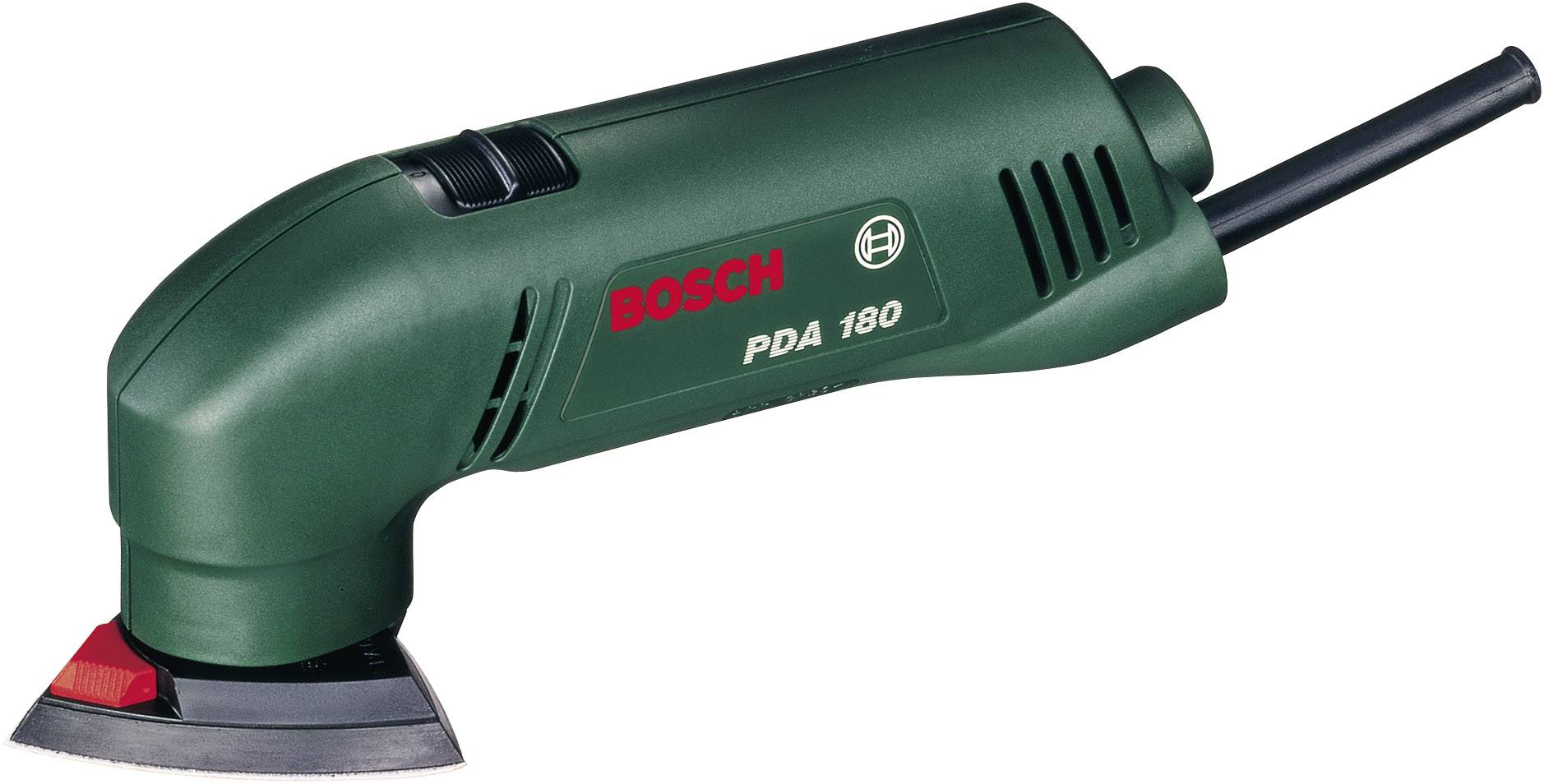 Outil multifonction Bosch, modèle PDA 180, avec un accessoire de ponçage triangulaire.