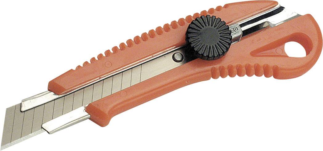 Un couteau de coupe à tapis rouge avec une lame rétractable et une molette de réglage noire. La lame est partiellement sortie.