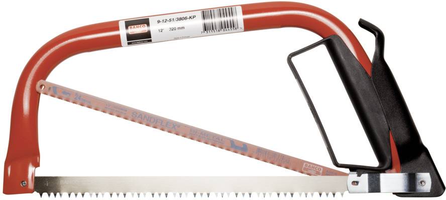Scie à archet avec poignée rouge et manche noir, adaptée aux travaux sur bois et métaux. Lame dentelée, d'environ 530 mm de long.