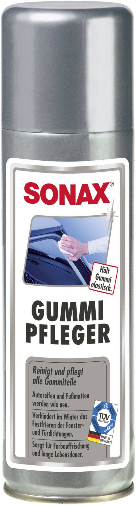 Spray 'Sonax Gummi Pfleger' pour le nettoyage et l'entretien des pièces en caoutchouc, maintient les joints comme neufs, adapté aux sièges de voiture et aux joints de fenêtres.