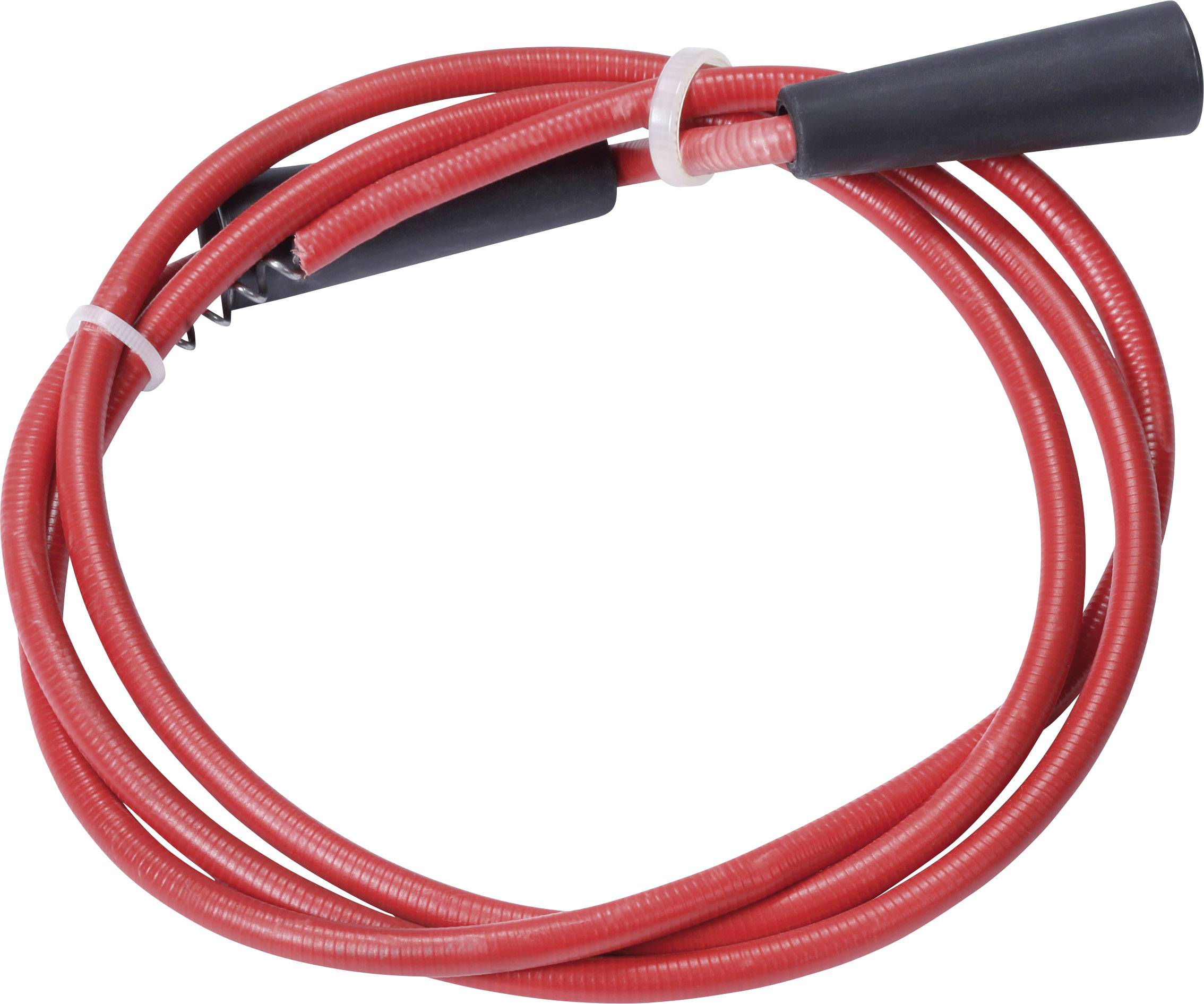 Un câble rouge en boucle circulaire, avec des embouts noirs et maintenu par un serre-câble blanc.