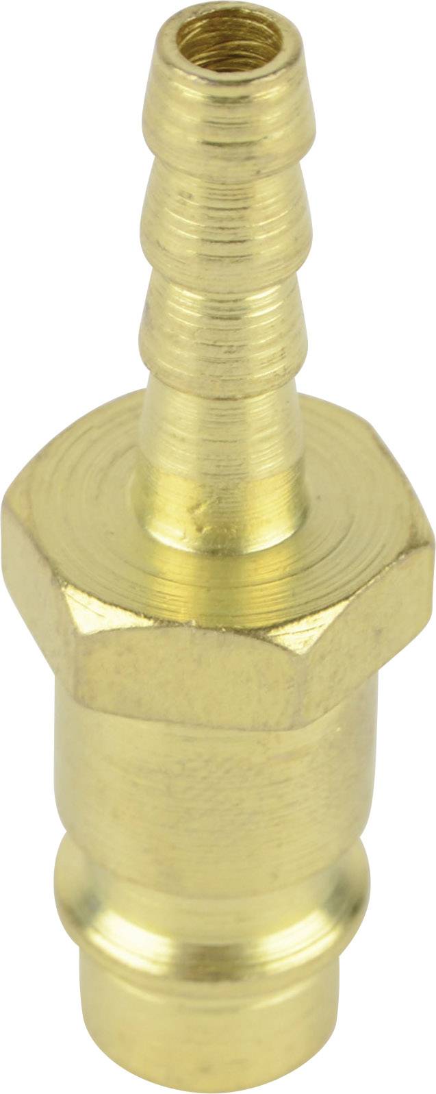 Un raccord de tuyau en laiton doré avec un bord de fixation hexagonal et un embout étagé.