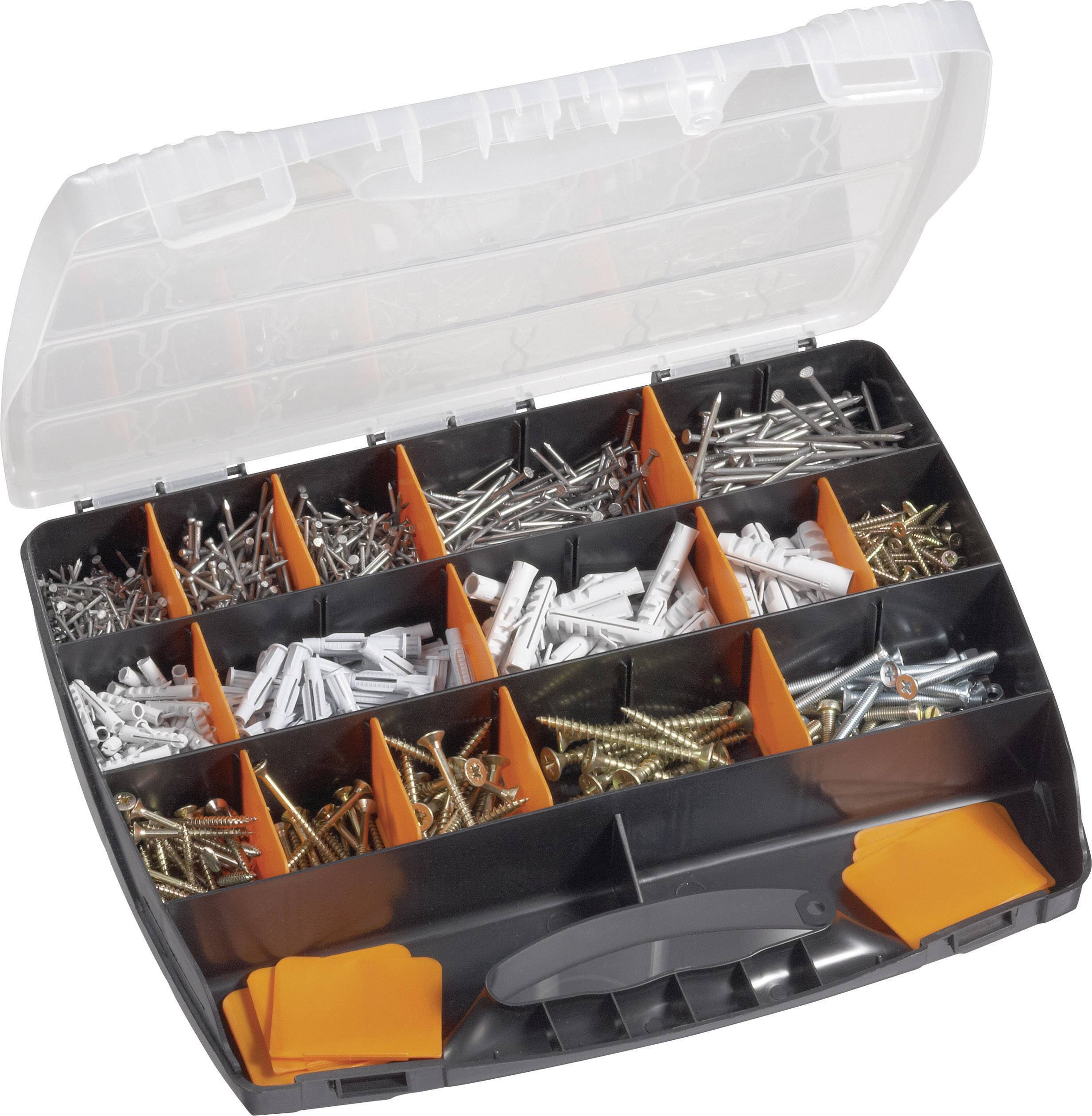 Boîte de rangement avec compartiments ouverts, remplie de différentes vis et chevilles. La boîte possède un couvercle transparent.