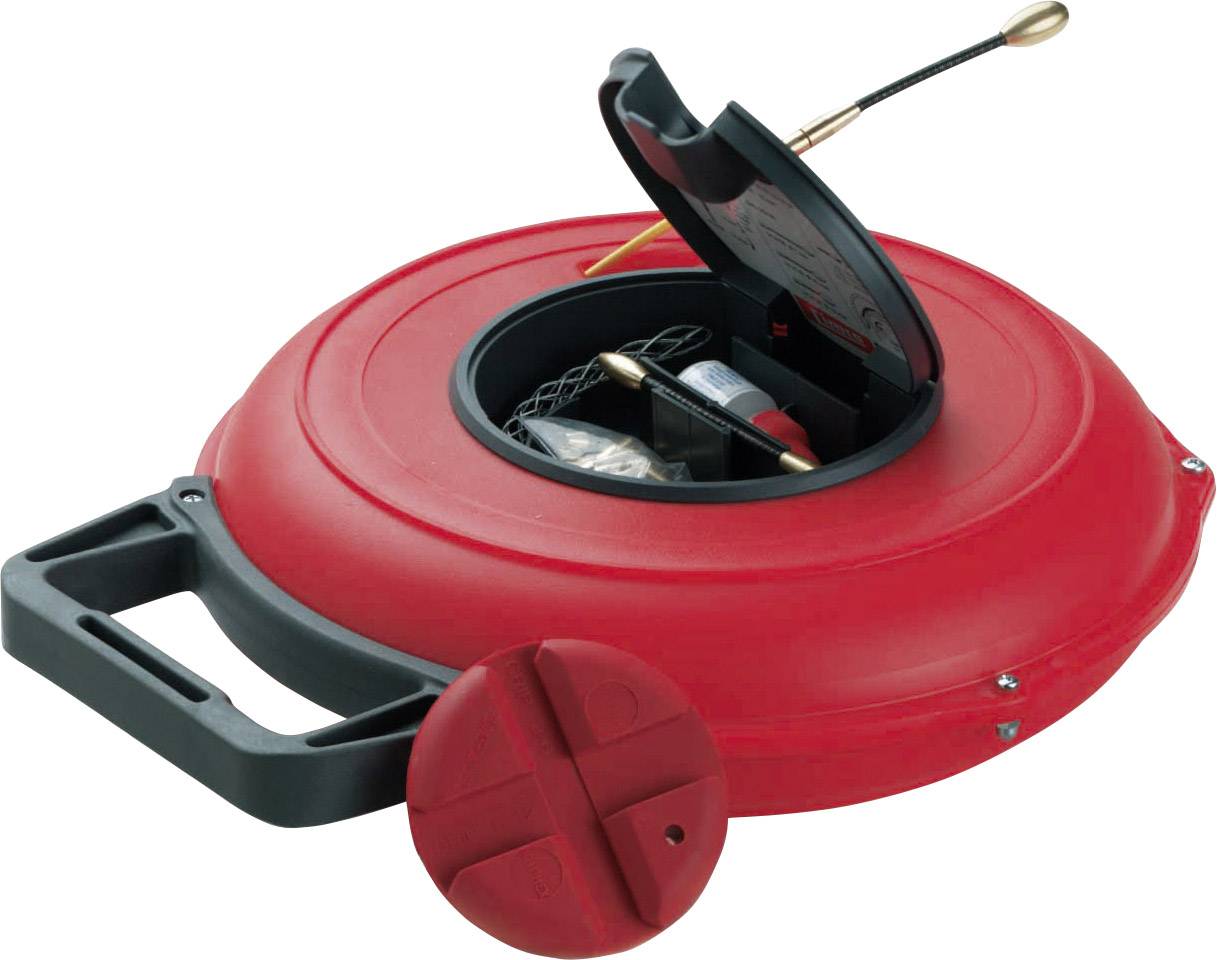 Un appareil rond rouge avec une poignée, un couvercle ouvert et des compartiments pour ranger des outils, probablement destiné au nettoyage de tuyaux.