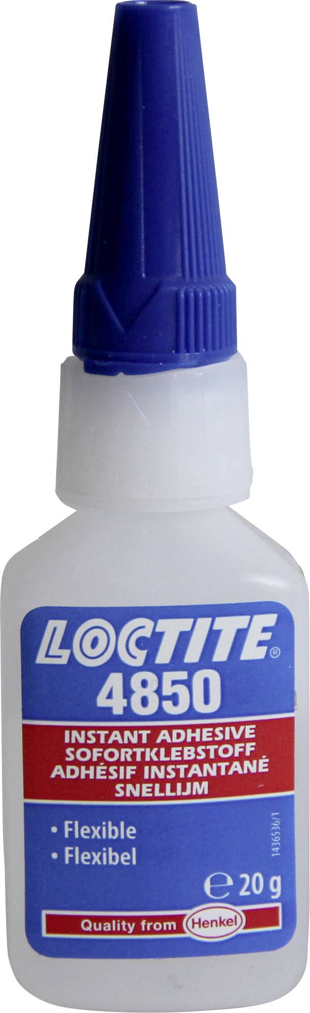 Une bouteille de colle instantanée Loctite 4850 avec bouchon bleu, 20 grammes. La bouteille affiche le logo et les informations produit.