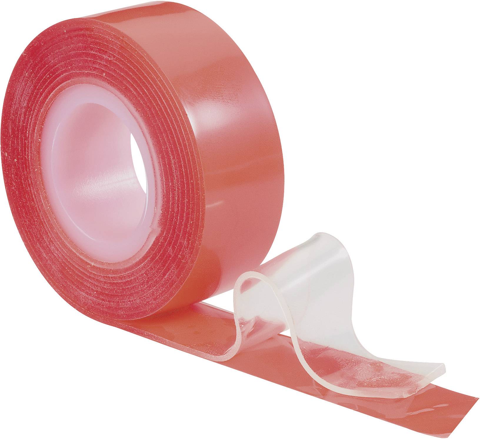 Rouleau de ruban adhésif rouge avec bande transparente, partiellement déroulé.