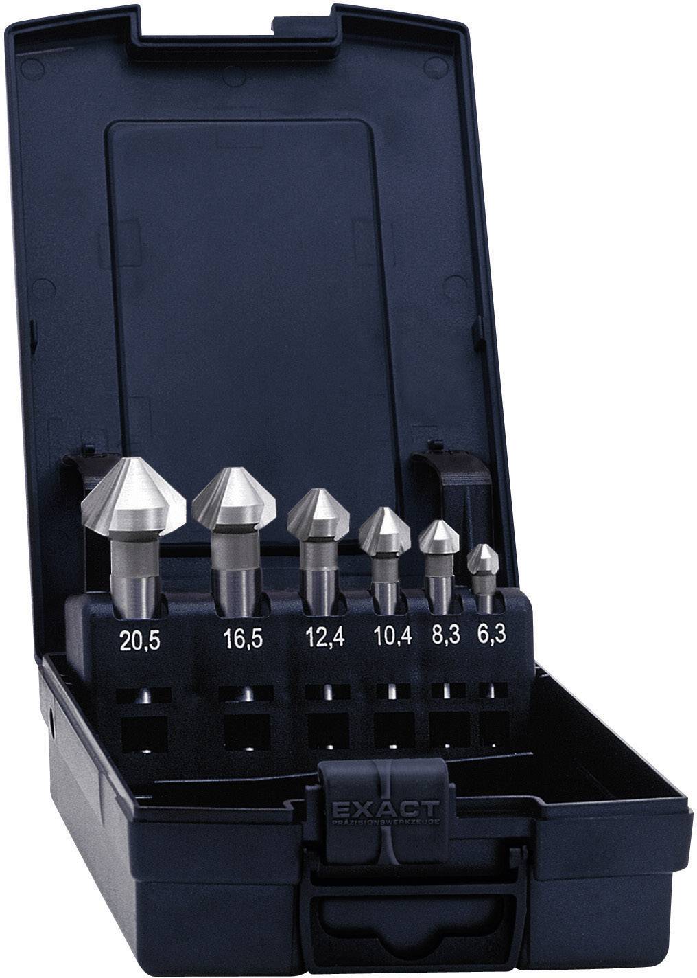 Coffret de forets à chanfreiner comprenant six fraises coniques de différentes tailles, allant de 6,3 à 20,5 mm, dans un coffret en plastique noir robuste.