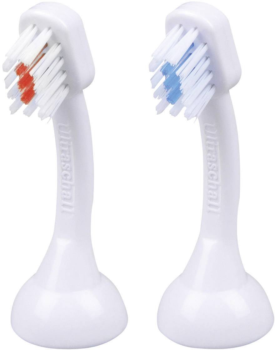Deux têtes de brosse à dents blanches sont côte à côte. Une tête a des poils rouges et blancs, l'autre des poils bleus et blancs.