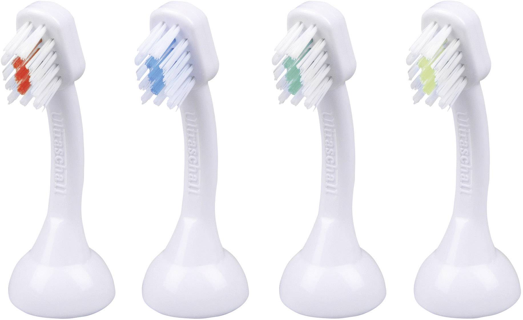 Quatre têtes de brosse à dents blanches alignées, chacune avec des poils indicateurs de couleurs différentes : rouge, bleu, vert et jaune.