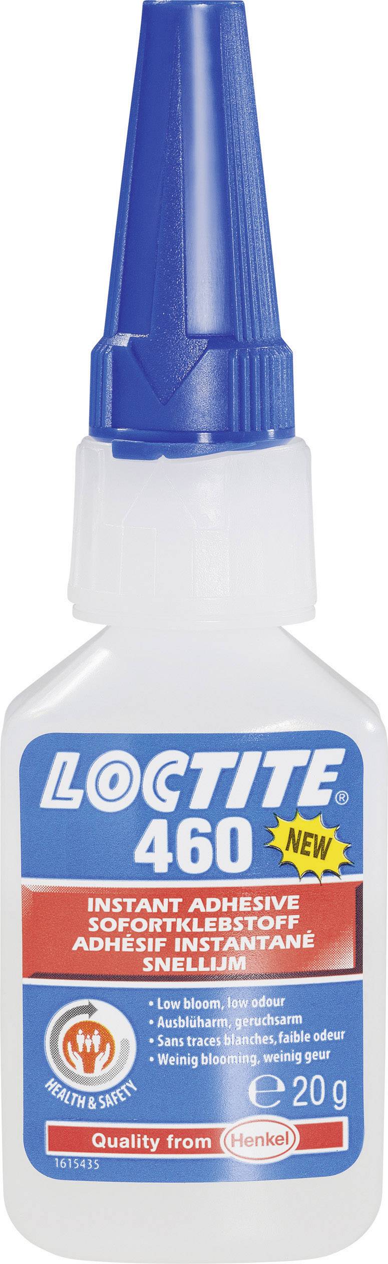 Bouteille de Loctite avec bouchon bleu et étiquette rouge : 'Loctite 460'. Il s'agit d'un adhésif instantané, poids 20g.