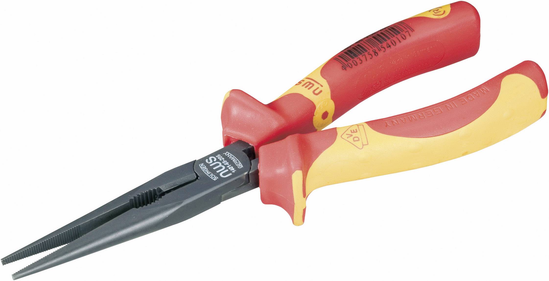 Pince multifonction rouge et jaune avec poignées isolées, utilisée pour les travaux sur les lignes électriques, offrant une protection contre les chocs électriques.