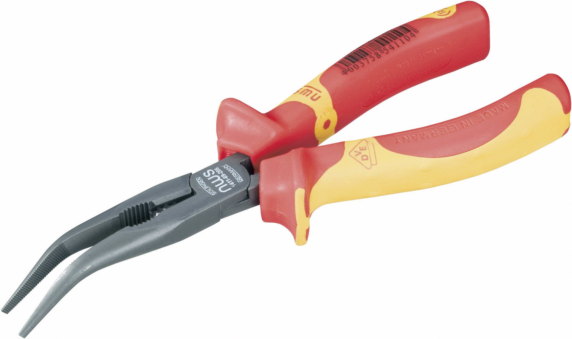 Une pince coupante pointue rouge et jaune avec des mâchoires courbes, adaptée aux travaux de précision. Poignées isolées et étroitement ajustées pour plus de sécurité.