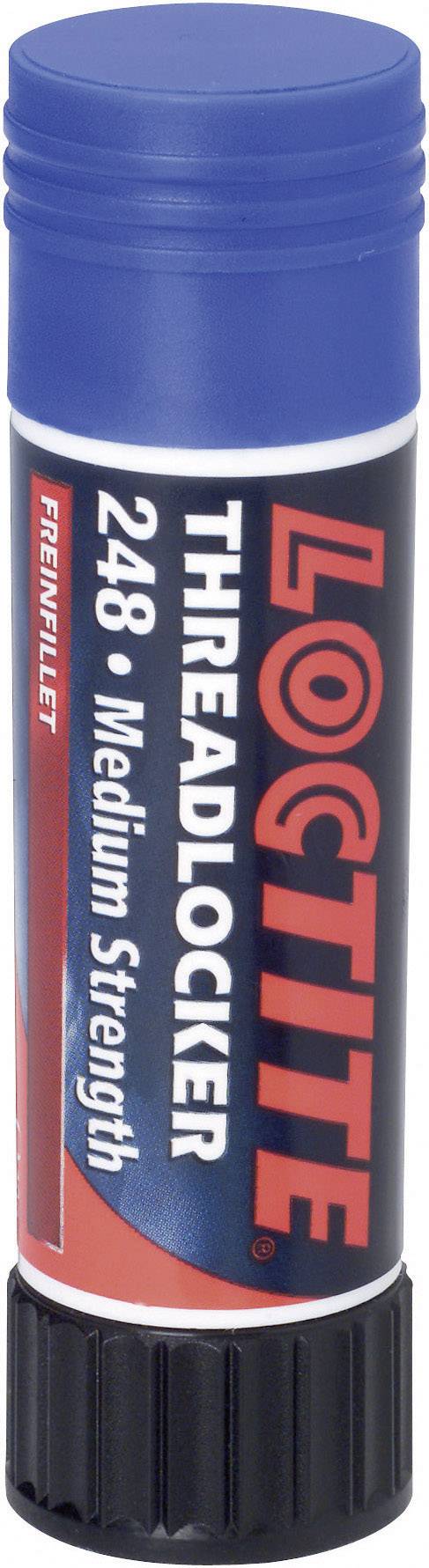 Un stick bleu portant l'inscription 'Loctite Threadlocker 248 : Résistance Moyenne', utilisé pour bloquer et empêcher le desserrage des vis.