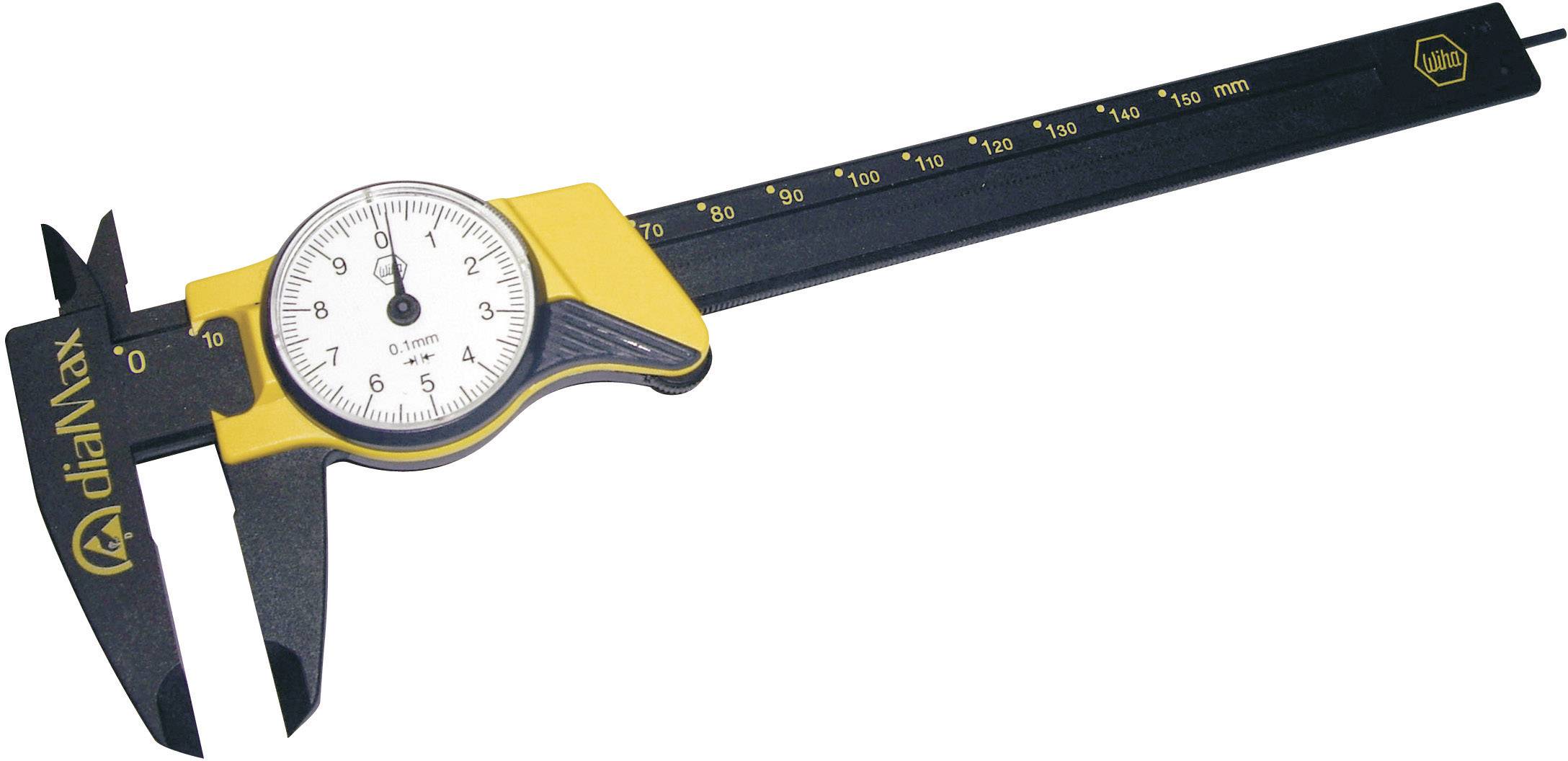 Un pied à coulisse avec un boîtier jaune et noir, un comparateur analogique et une échelle de 0 à 150 mm pour des mesures précises.