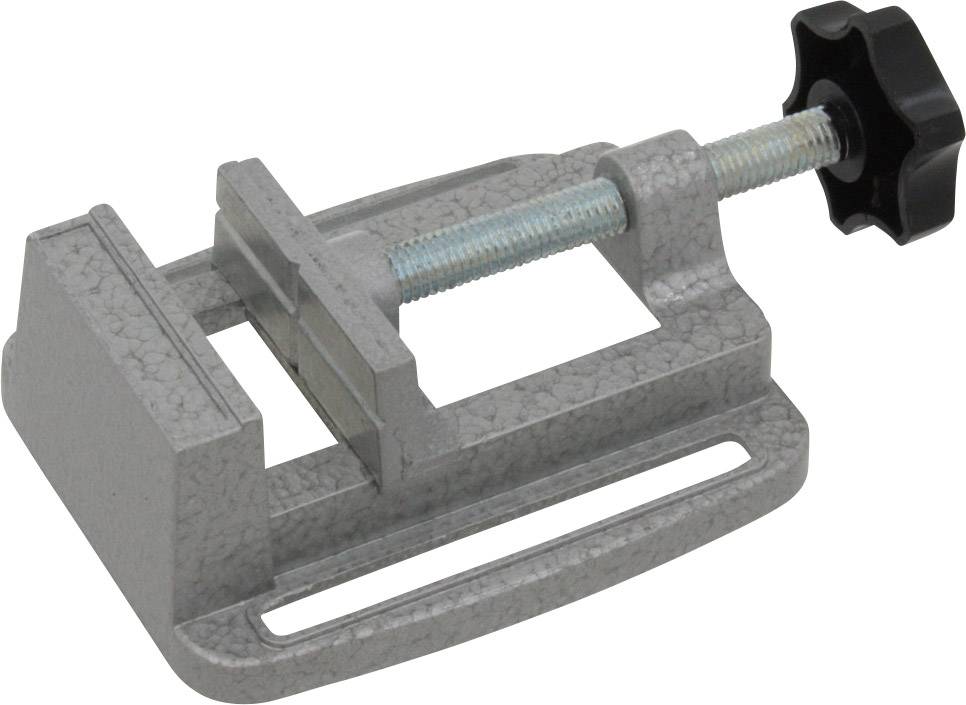 Un petit étau en métal avec une vis de serrage noire pour fixer des pièces d'atelier.