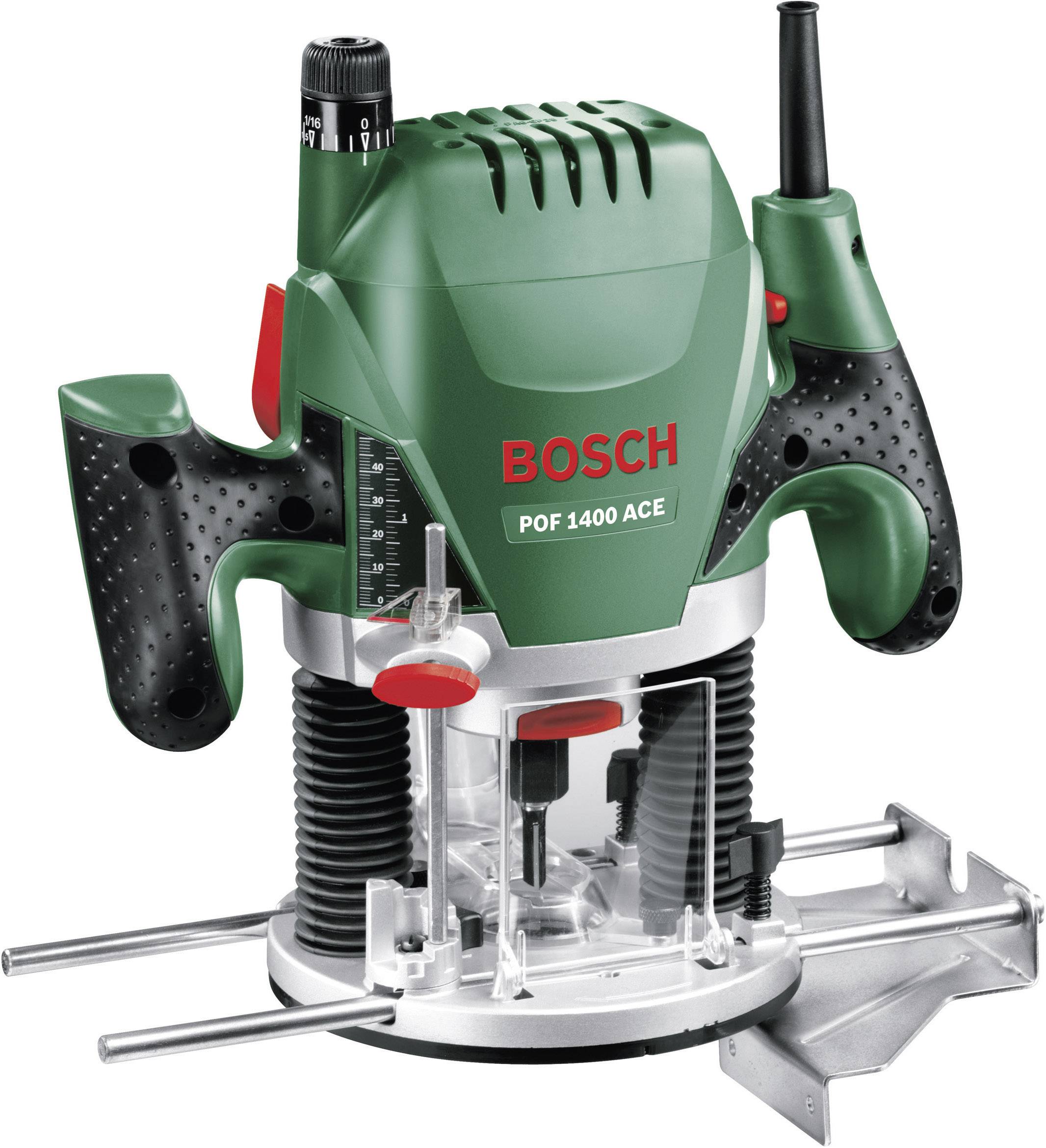 Défonceuse verte avec poignées noires et logo rouge sur l'avant. Modèle : Bosch POF 1400 ACE.