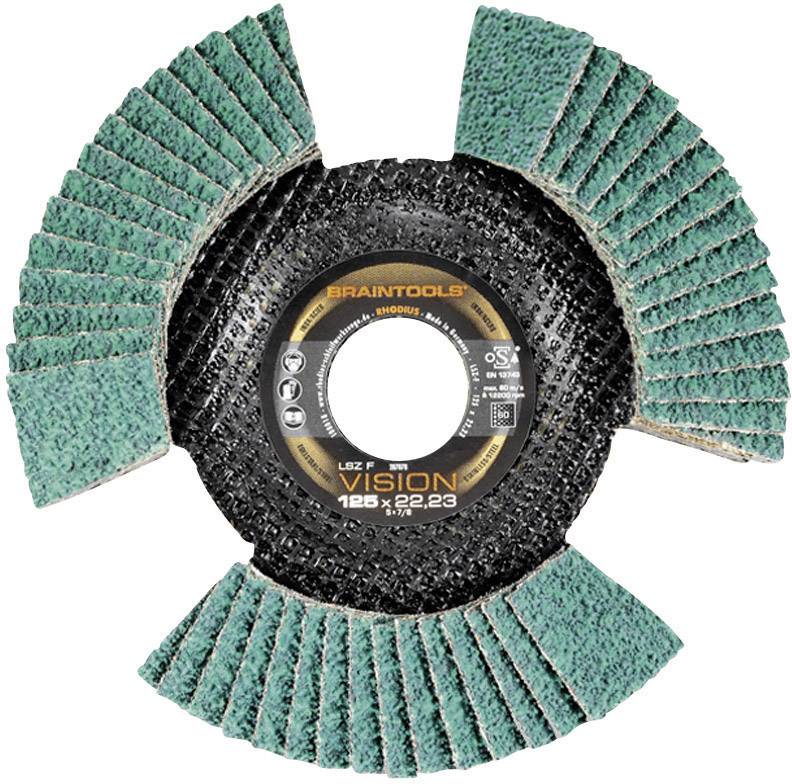 Un disque de ponçage avec du papier abrasif vert et un centre noir. Le texte 'Braintools Vision' est visible sur le centre.