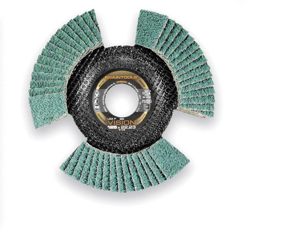 Un disque abrasif avec des lamelles abrasives vertes disposées en cercle autour d'un noyau noir, adapté pour le traitement de surface.