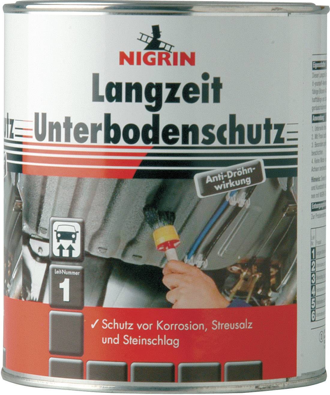 Bombe de protection de soubassement longue durée Nigrin, effet anti-résonance, protège contre la corrosion, le sel de voirie et les projections de pierres.