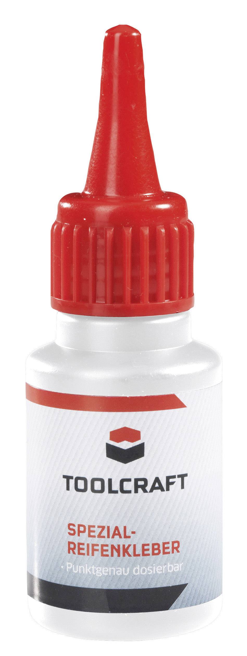 Un flacon de colle spéciale pour pneus de la marque Toolcraft avec un bouchon rouge.